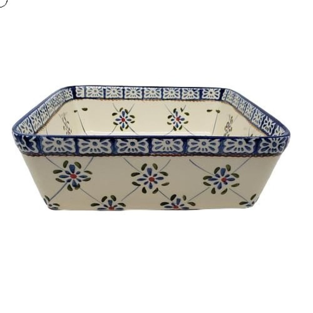 Tara Temp-tations Presentable Ovenware Floral Pan Dish Square Blue Beige 2.0 Qt